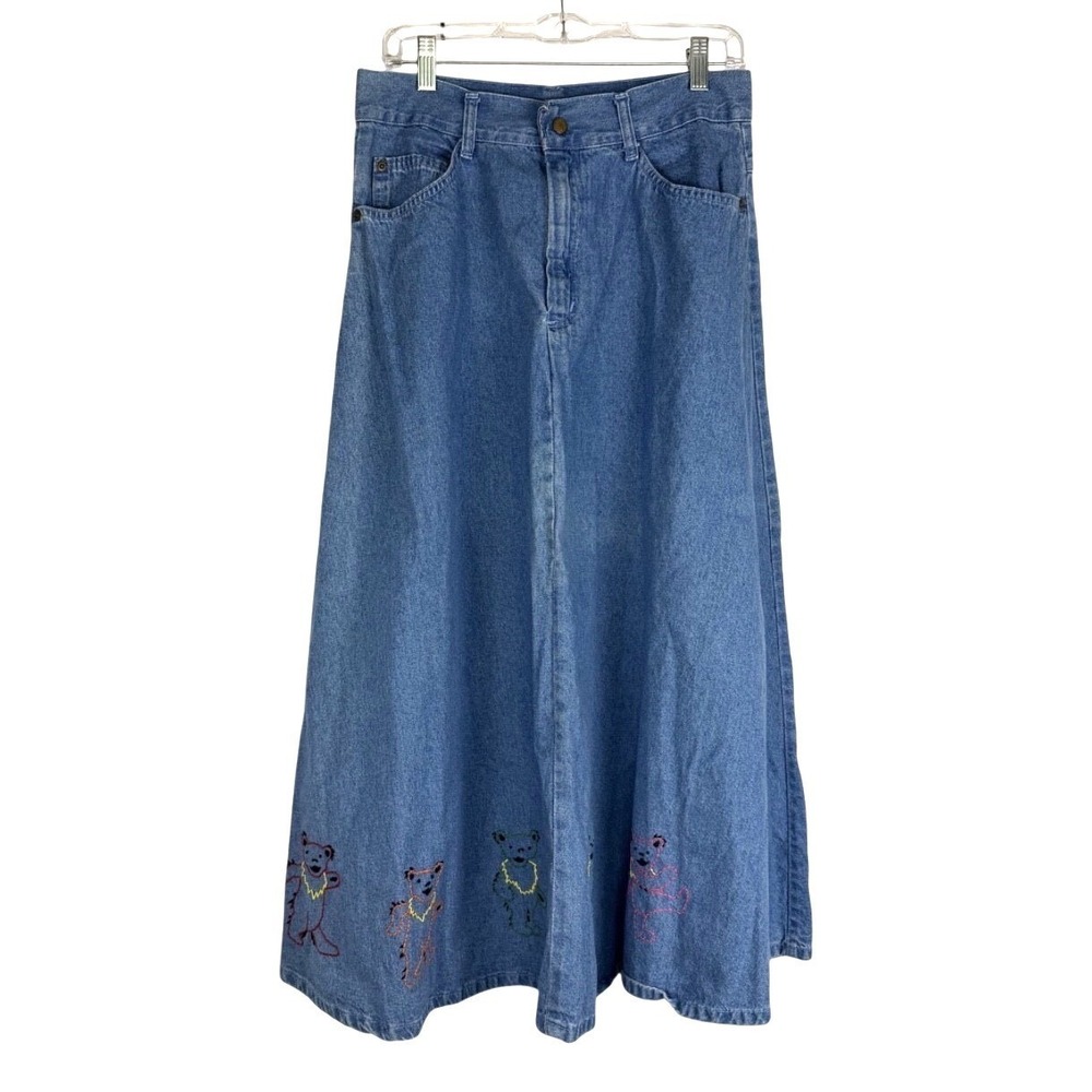 Vintage‎ Grateful Dead USA Denim Maxi Skirt Size 14 Embroidered Rainbow Bears